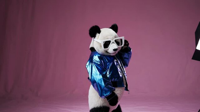 Playful panda dancing in bright studio, wearing shiny blue jacket and white sunglasses, moving energetically against vivid pink background with whimsical, entertaining style
