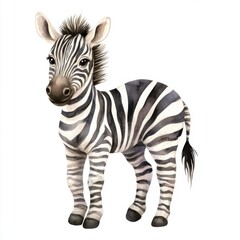Watercolor painting of a cute baby zebra standing in a full shot on a plain background