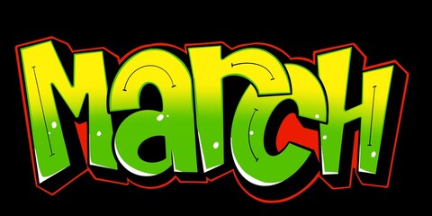 March illustration, March letters with unique simple graffiti patterns and bright colors, not ai generate