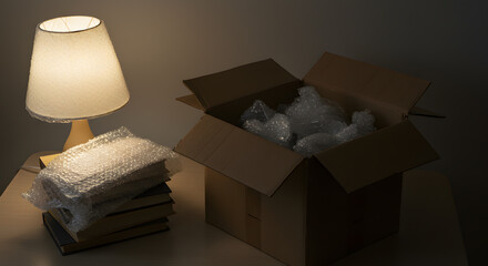 Cardboard box with books and packing material on table near lamp  