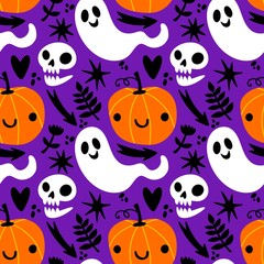 Autumn harvest vegetable seamless monster Halloween pumpkins pattern for wrapping paper and fabrics
