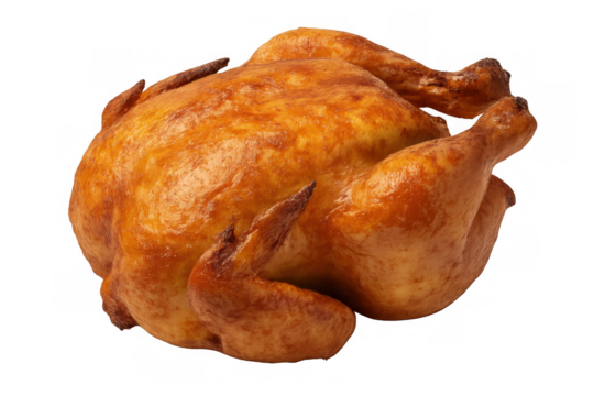 Whole roasted chicken, crispy and golden brown, isolated on a transparent background, perfect for food and cooking projects