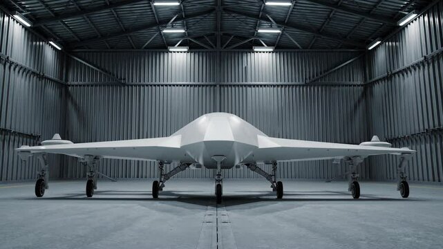 Futuristic unmanned combat aerial vehicle drone standing motionless inside expansive metallic hangar, illuminated by artificial lighting with industrial precision and technological anticipation