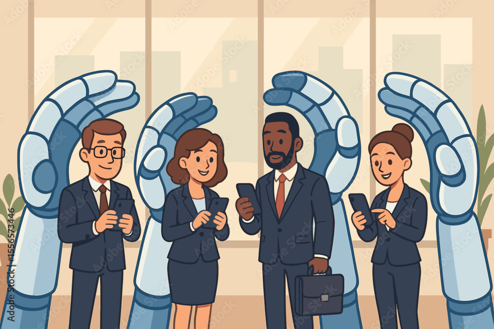 Poster artificial intelligence protecting diverse business professionals using mobile devices. robotic hand