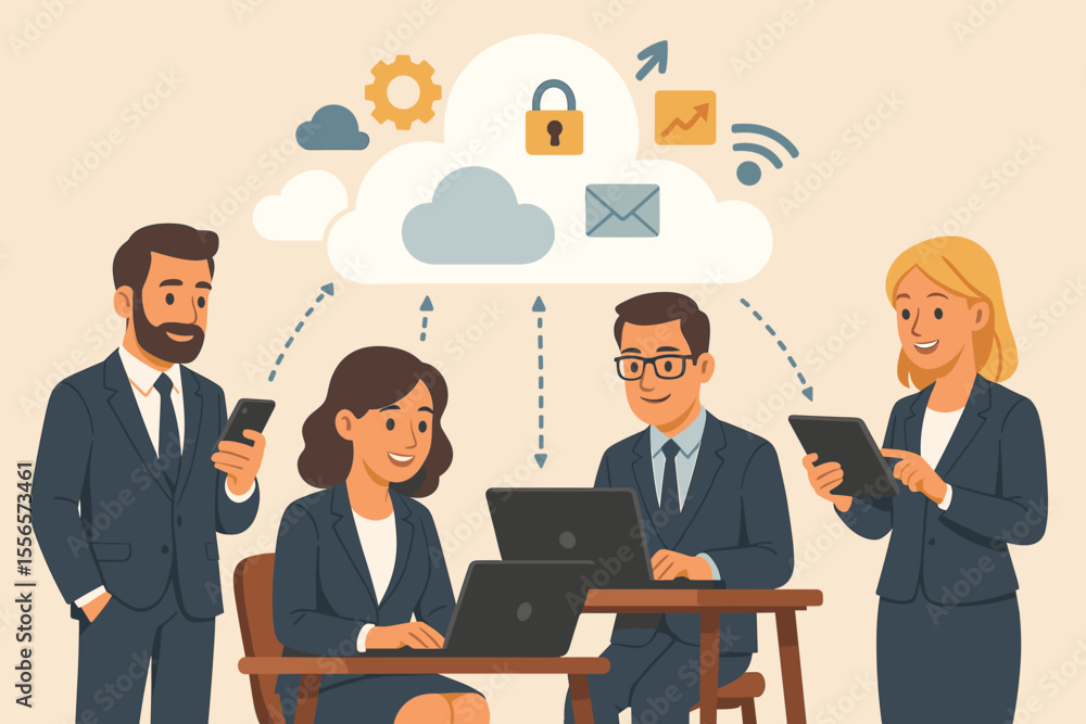 Poster cloud computing technology concept with business team collaboration. professionals using laptops and