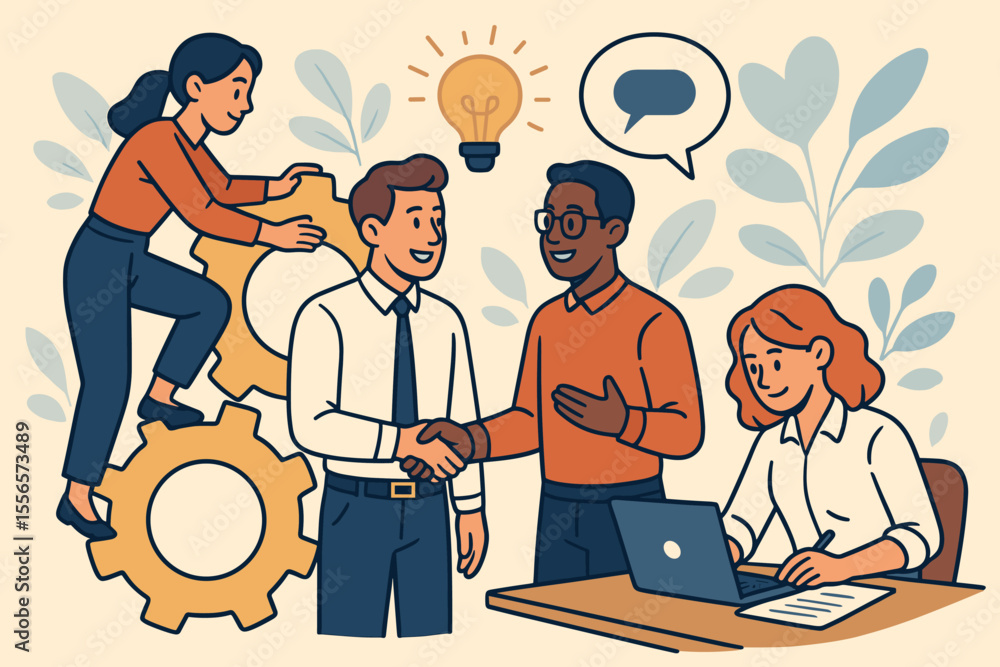 Poster business teamwork and collaboration concept. diverse team working on a project. handshake for partne