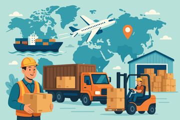 Logistics and supply chain concept for global shipping. Warehouse with workers, forklift, and truck. International freight transport by cargo ship and plane for import and export.