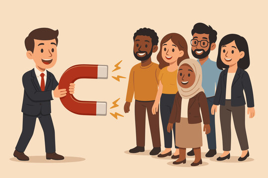 Businessman with magnet attracting diverse talent. Metaphor for recruitment, hiring and inclusion. HR manager building a multicultural team. Diversity in workplace concept vector.