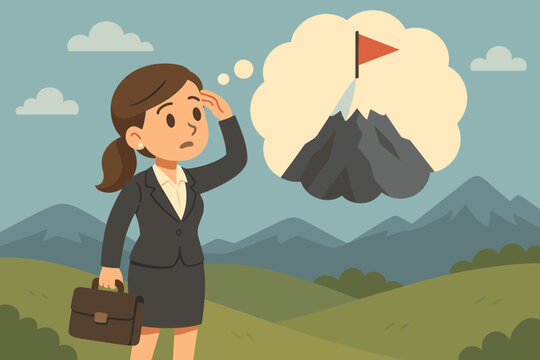 Businesswoman thinking about reaching her career goal. Metaphor for business challenge and success. Woman visualizing climbing a mountain to reach the flag on the peak. Ambition concept.