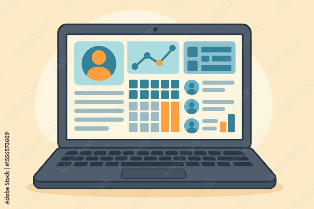 Poster laptop screen displaying a customer relationship management (crm) software dashboard. interface with