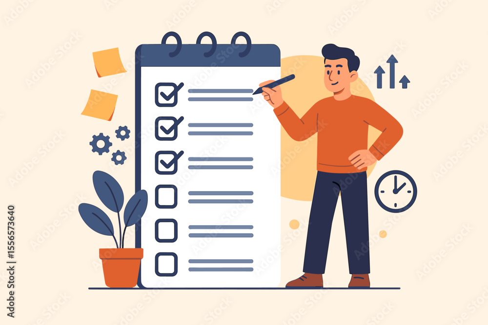 Poster man organizing tasks with a to-do list for enhanced productivity. time management and planning conce