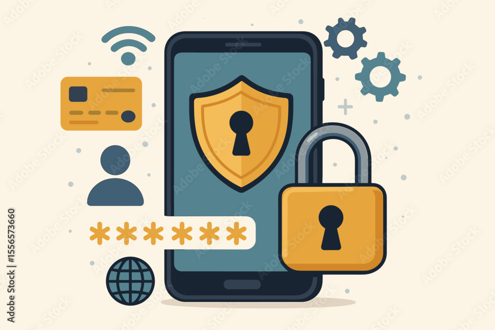 Poster internet banking security and mobile payment protection concept. cybersecurity technology with smart