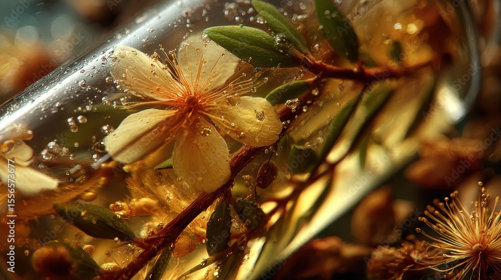 Poster Glass jar containing botanical elements and golden particles creating a decorative and artistic composition with shallow depth of field