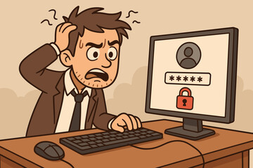 Frustrated businessman struggles with a forgotten password. Cartoon vector illustration of a man with a login error and access denied on the computer screen. Cybersecurity and authentication concept.