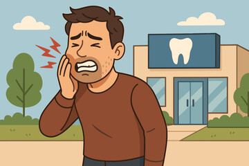 Man with severe toothache seeking urgent dental care at a clinic. Character suffering intense pain, highlighting oral health issues, dental emergency.