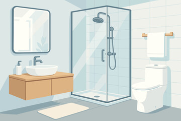 Modern minimalist bathroom interior vector. Bright clean design with glass shower, wall mirror, floating vanity, toilet, towel rack, ceramic sink, tiled walls, contemporary home decor illustration