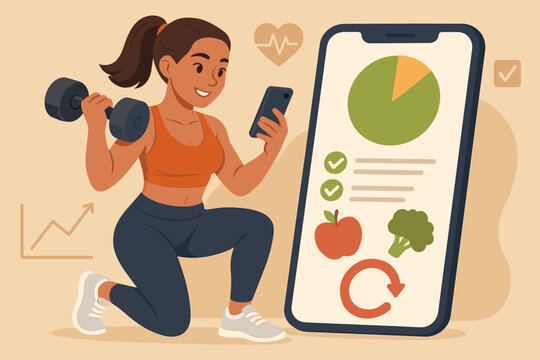 Woman with dumbbell using fitness app for workout tracking and diet plan. Healthy lifestyle concept with mobile nutrition tracker, progress chart, and exercise checklist. Vector.