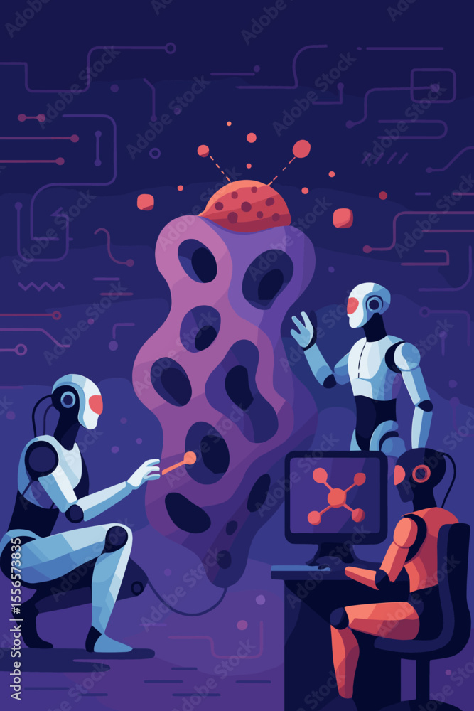 Poster futuristic cyberpunk laboratory scene with humanoid cyborgs collaborating on advanced nano technolog