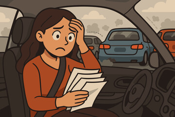 Stressed woman driver holding documents inside car during heavy traffic jam, anxiety concept, cartoon vector illustration, urban commute, paperwork stress, city road congestion, vehicle interior