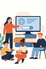 Obraz premium Diverse group of young people learning with books and digital technology, modern classroom education, teamwork, online research, students studying together, flat vector illustration