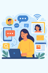 Modern flat vector illustration of online communication, social networking, chat, video calls, instant messaging, email, web search, news, mobile devices, digital collaboration, internet connectivity