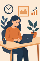 Modern flat vector illustration of woman working remotely at home office desk with laptop, productivity growth, indoor plants, wall clock, business chart, cozy workspace, freelance concept