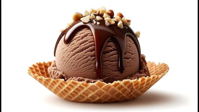 Chocolate ice cream scoop with rich chocolate syrup and crunchy nuts served in a crispy waffle bowl on white