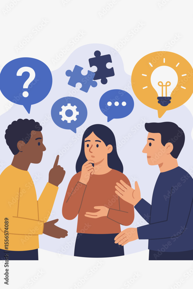 Poster team brainstorming and problem solving concept. diverse group discussion, creative idea generation, 