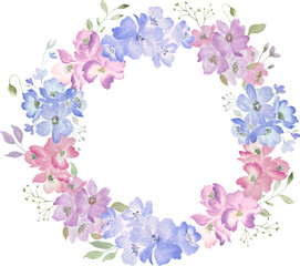 Watercolor floral wreath with abstract painted pink blue, purple flowers Hand drawn illustration. Vector EPS.