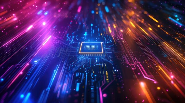 Abstract circuit board with glowing neon lines