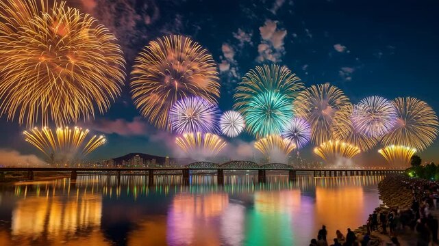 大河に架かる橋と両岸に広がる花火大会の絶景