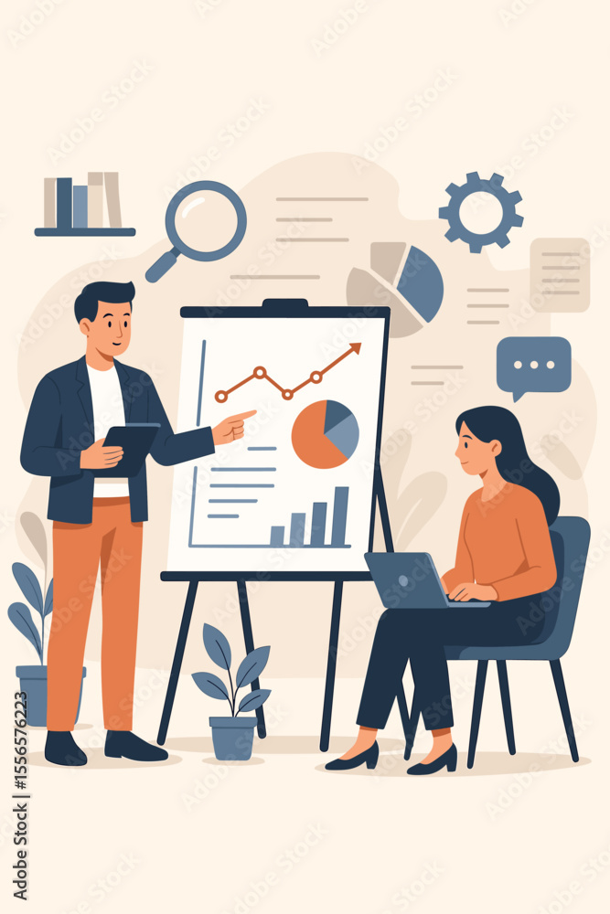 Poster business presentation with people characters. man pointing at a flip chart with data analysis, growt