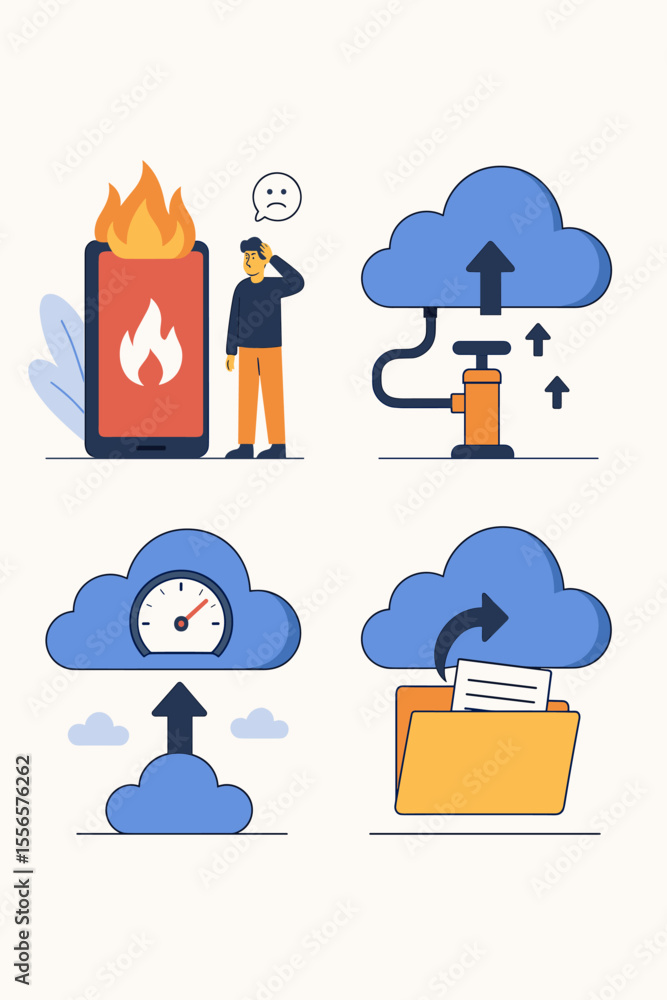 Poster cloud computing technology vector icon set. concepts of data transfer, file upload, backup, and stor