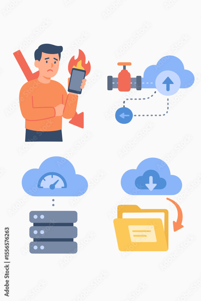 Poster cloud technology vector icons. data storage, database hosting, and file transfer concepts. server lo