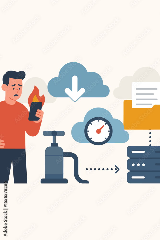 Poster man with burning phone transfers data to cloud storage. concept of backup, disaster recovery, and ph