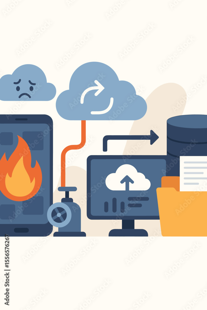 Poster data backup and recovery concept after a system failure. flat vector illustration of transferring in