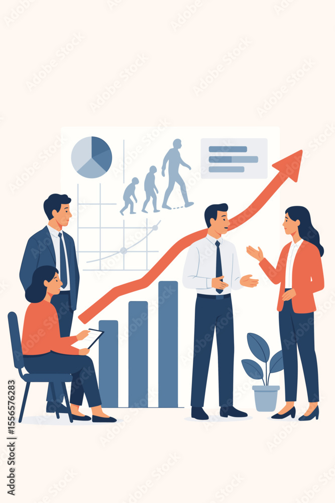 Poster business team analyzes an evolutionary scale chart for company growth. office workers meeting discus