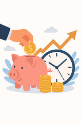 Time is money concept with a piggy bank and clock. Financial investment, money saving for future income growth. Business management and long term savings strategy vector illustration.