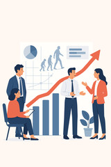 Business team analyzes an evolutionary scale chart for company growth. Office workers meeting discussing corporate strategy with data infographics. Successful progress presentation.