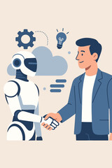AI and human collaboration concept. Robot and businessman handshake. Partnership between artificial intelligence and man. Future technology, automation, innovation, agreement, deal, idea.
