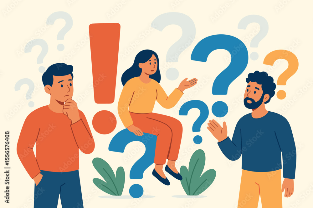 Poster frequently asked questions concept illustration. people discussing solutions, exclamation and questi