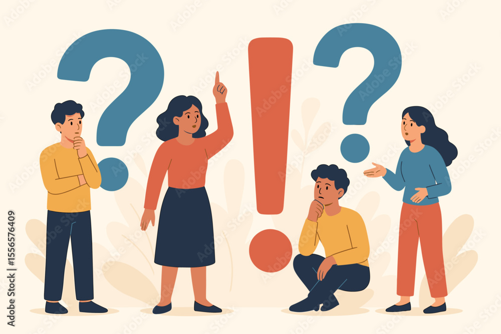 Poster frequently asked questions concept vector. diverse people discussing, solving problems, brainstormin