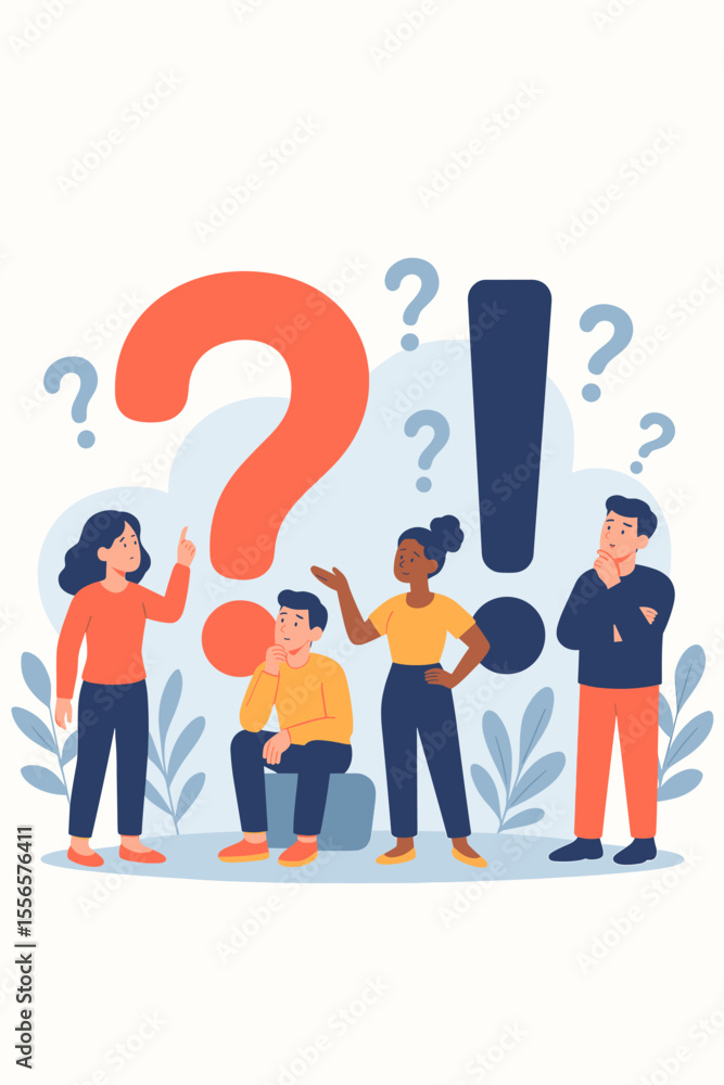 Poster frequently asked questions concept illustration. diverse people discussing, thinking, explaining aro
