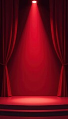Crimson stage drapes, single spotlight illuminates center, center, dramatic, illuminates