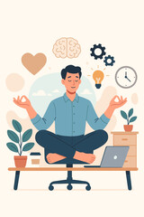 Mindfulness meditation at work, stress relief, productivity boost, mental health, emotional balance, office wellness, healthy break, focus, creativity, modern workspace, flat vector illustration