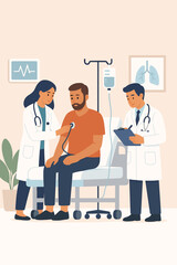 Hospital patient routine checkup vector. Sick man on hospital bed receiving IV, doctors in white coats examining, stethoscope, clipboard, healthcare team, medical consultation, clinical care concept.