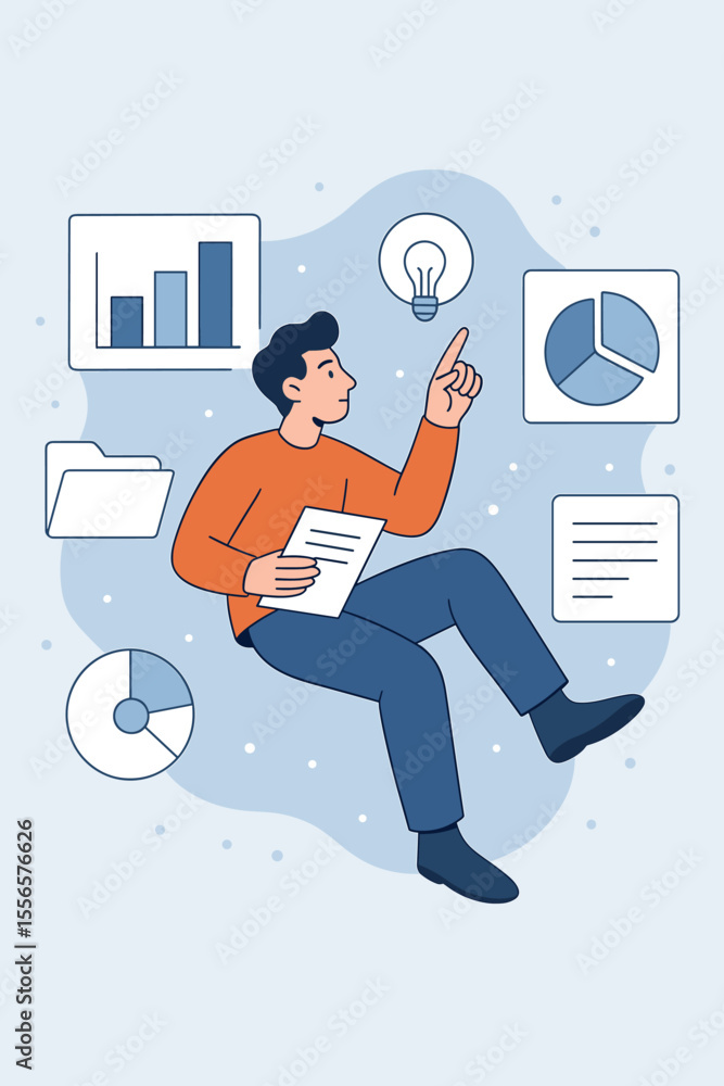 Poster businessman floating in zero gravity, analyzing company information. concept for data analysis, brai