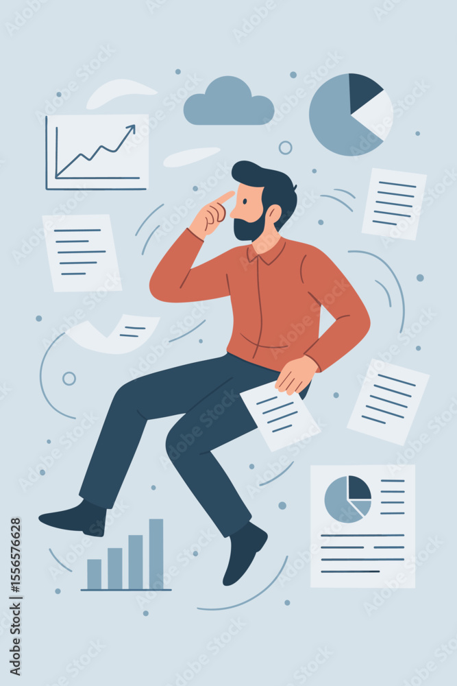 Poster businessman thinking and floating in zero gravity with documents and charts. business analytics, dat