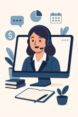 Virtual business assistant concept. Customer service agent on computer screen with headset. Call center operator, online consultant, remote personal secretary, telemarketing vector.