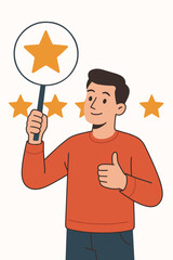 Positive feedback and customer review concept. Happy man holds a star sign showing five stars rating and a thumbs up gesture for excellent service. Best quality. Flat vector design.